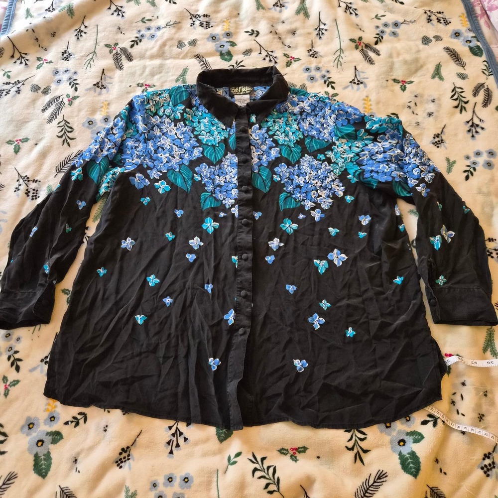 Bob Mackie Wearable Art Silk Floral Beaded Blouse Black Blue Hydrangea 2X 90s